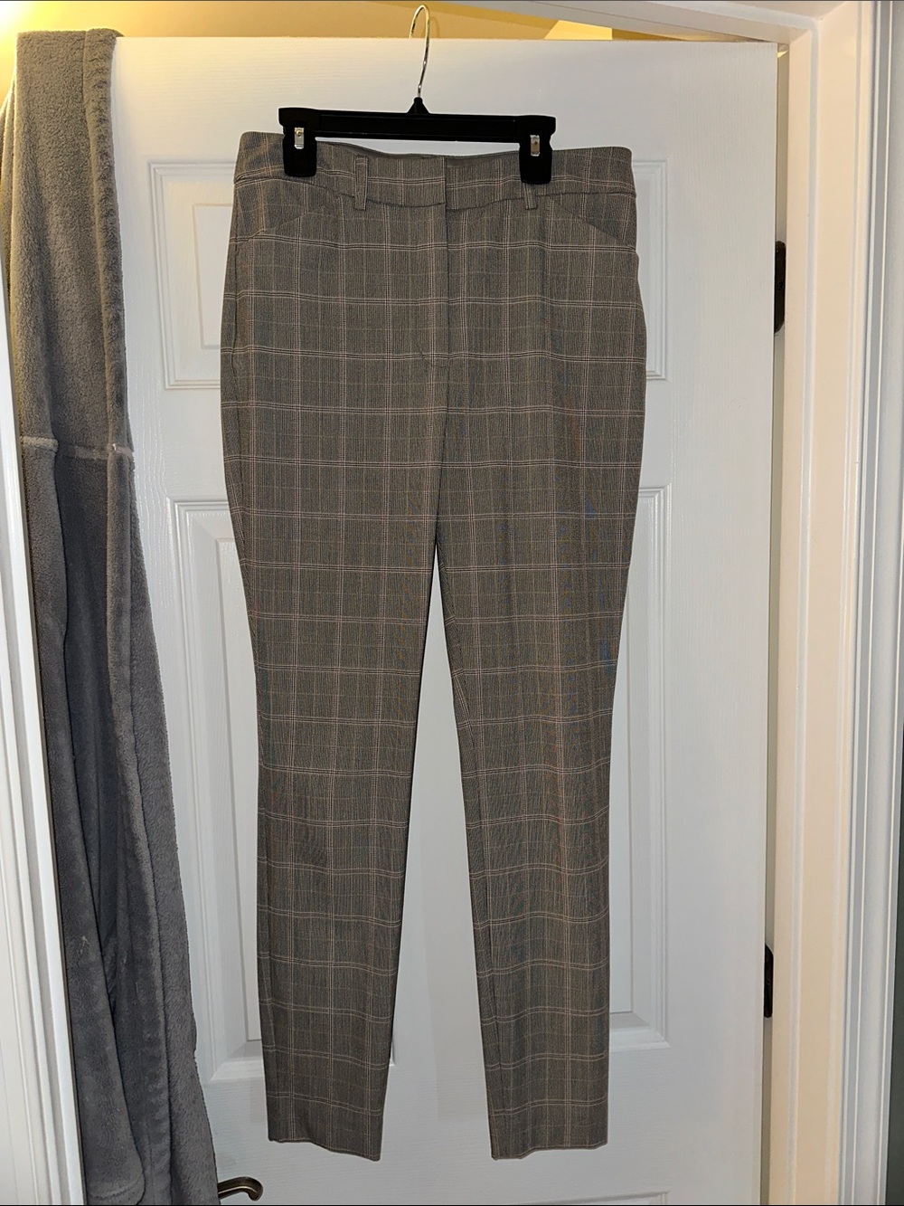 Express Editor Straight Leg Plaid Pants in Gray and Tan